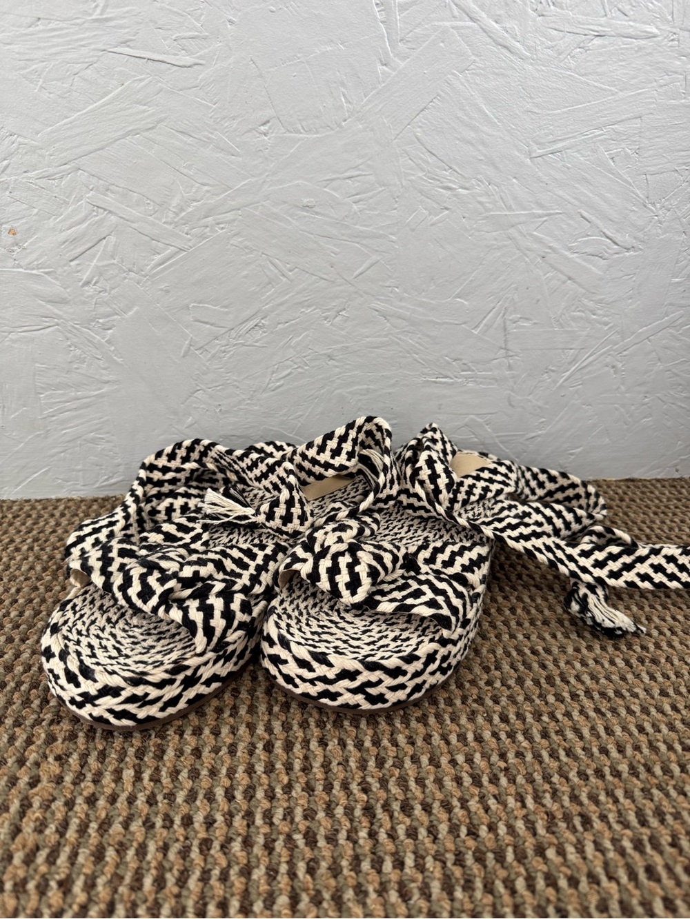 SCHUTZ Black and Cream Woven Platform Sandals